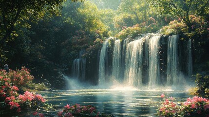 Naklejka premium Sunlit waterfall cascading into a serene pool, surrounded by lush greenery and vibrant pink flowers.