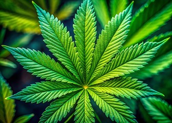 Panoramic Close-Up of a Hemp Leaf - Detailed Texture and Vibrant Green