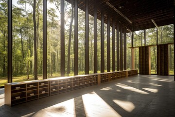 Forest interior, sunlit gallery with shelving