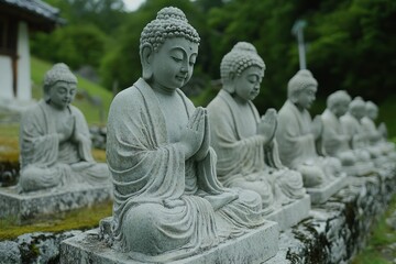 Serene Stone Buddha Statues in a Tranquil Outdoor Setting Surrounded by Nature