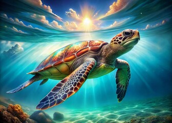 Fototapeta premium Panoramic Colorful Turtle Swimming Turquoise Ocean - Aquatic Wildlife Stock Photo
