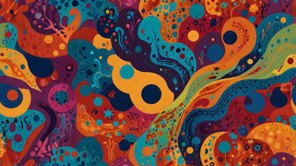 Fototapeta premium a vibrant and colorful abstract pattern featuring organic shapes, swirls, and dots. The design has a playful and dynamic feel, with a mix of warm and cool colors
