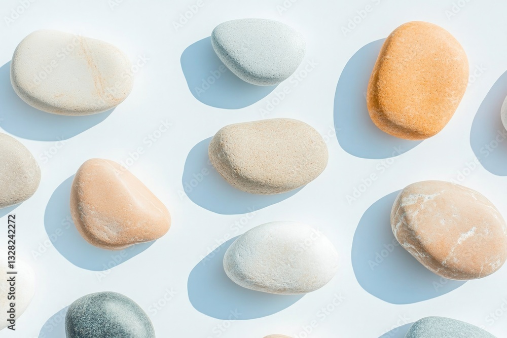 Poster serene scene of smooth decorative stones of varying colors and sizes arranged artfully on white surf