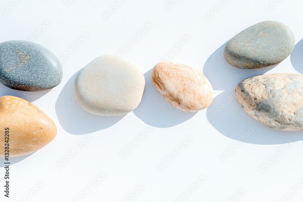Poster serene scene of smooth decorative stones of varying colors and sizes arranged artfully on white surf