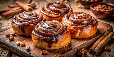 Panoramic Delicious Chocolate Hazelnut Cinnamon Rolls Baking Photography