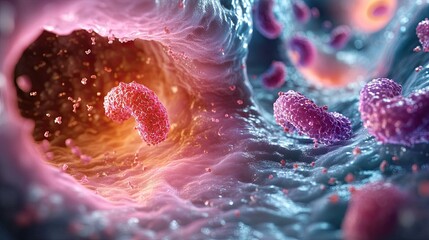 Colon cancer progression visualized with cell impact in 3D illustration.