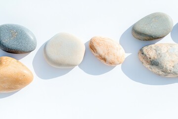 serene scene of smooth decorative stones of varying colors and sizes arranged artfully on white surface creating visually