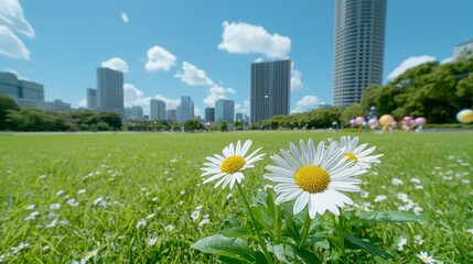 White Daisies in Vibrant City Park on Sunny Day
