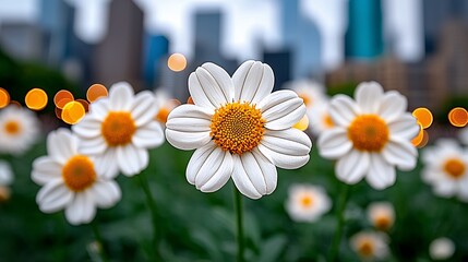 White Daisies with City Bokeh Background