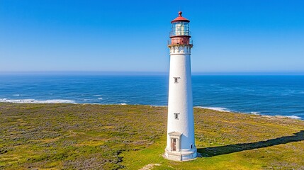 White Lighthouse on Rocky Coastline Under Bright Blue Sky