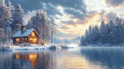 Fototapeta premium Cozy cabin by winter lake at sunset.