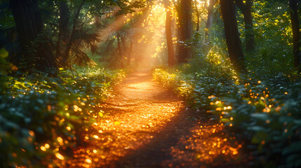 Obraz premium Sunlight filtering through trees illuminates a serene forest path, inviting exploration and tranquility