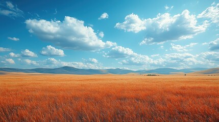 Obraz premium Sunny day over golden field and distant mountains.