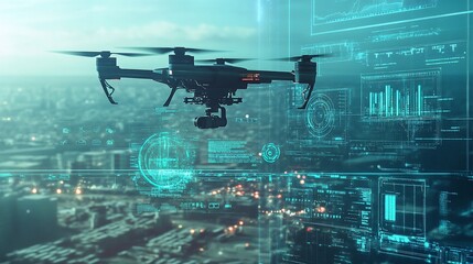 Fototapeta premium Futuristic Drone Technology: Aerial Surveillance and Data Analysis over Cityscape