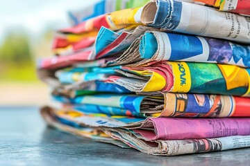Stack of Colorful Newspapers with Vibrant Ads and Articles Under Natural Light