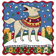 Whimsical Beige Wolf in Colorful Sweater Howling in Snowy Night
