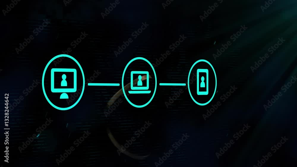 Poster animation of digital network connection icons with glowing lines on dark background