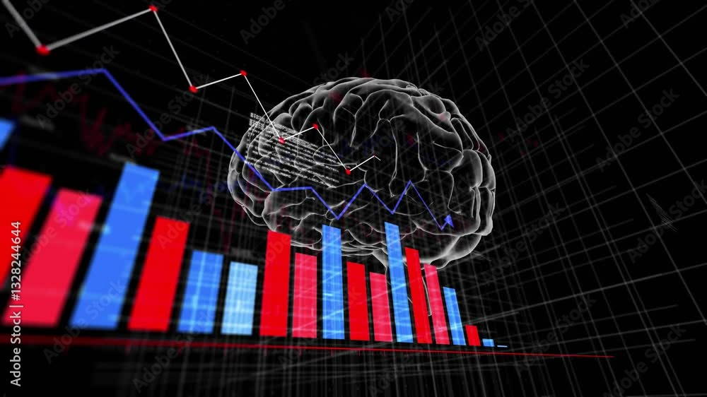 Poster animation of brain and bar graphs in school for data analysis concept