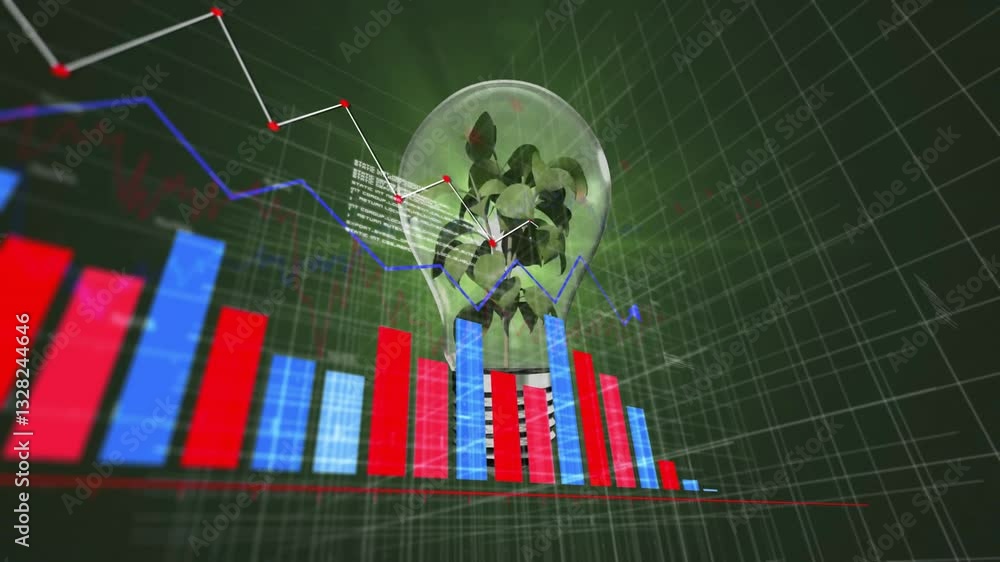 Poster graph and bar chart animation over robot inside light bulb on green grid