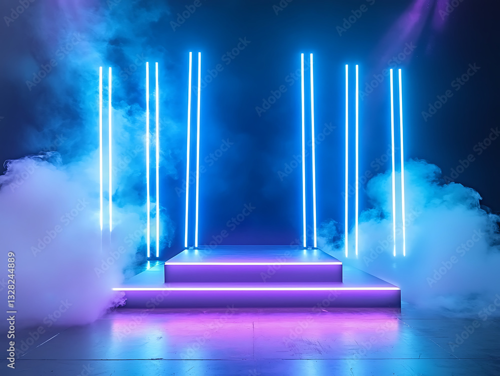 Poster dynamic stage setup with neon lights and fog event venue creative display nighttime atmosphere artis
