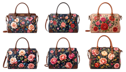 set of Stylish Handbag with Floral Design isolated on png 