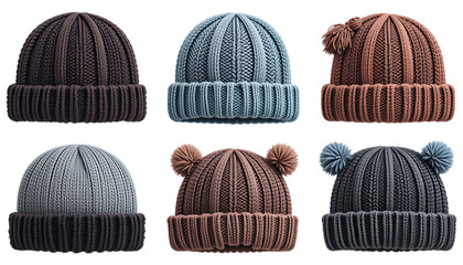 set of Stylish knitted hat isolated on png 