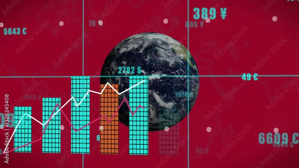 Poster animation of bar graphs and line charts with currency symbols on red background