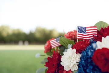 Obraz premium solemn arrangement of red white and blue flowers with small american flag gently waving