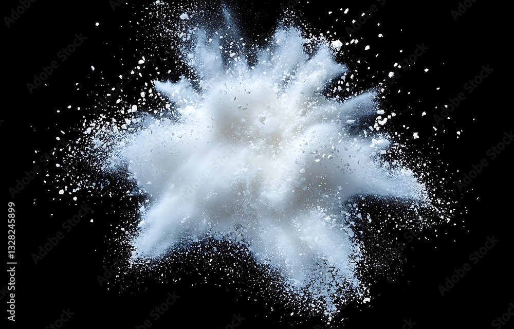 Poster dynamic explosion of flour dust in studio setting abstract photography black background high-contras