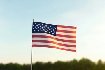 solitary american flag flutters amidst serene landscape evoking poignant remembrance and silent homage soft sunlight