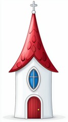 Whimsical White Chapel with Red Roof and Blue Window