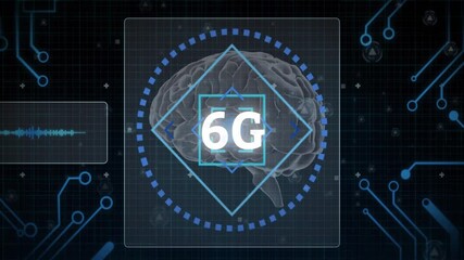 Animation of 6G technology with brain and digital interface elements - Powered by Adobe