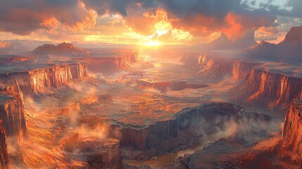 Fototapeta premium Majestic sunset over a vast canyon landscape, with hazy atmosphere and vibrant colors.