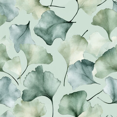Ginkgo leaves, a seamless pattern, soft watercolor, a sage green and gray color palette. Watercolor print in rustic vintage style, textile or wallpapers.