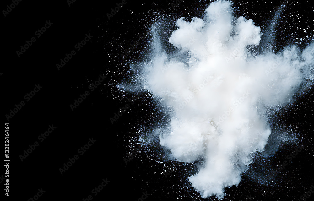 Poster explosive flour cloud burst studio setting high-resolution photography dark background dynamic actio