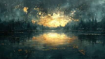 Dark fantasy landscape with a lake reflecting a fiery sunset over a mysterious city.