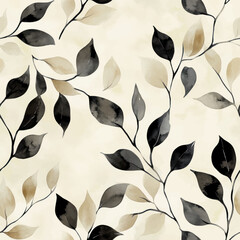 Watercolor beige and black leaf pattern on a cream background. Watercolor print in rustic vintage style, textile or wallpapers.