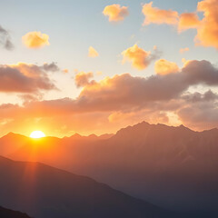 Obraz premium A tranquil mountain range bathed in golden light from the first rays of the sun, with vivid rainbow-colored clouds scattered across the sky.