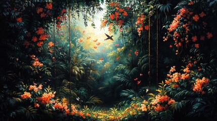 Lush rainforest path with vibrant flowers and birds.