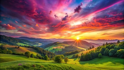 Fototapeta premium Panoramic Pink & Purple Sunset Sky over Lush Green Landscape - Crystallized Painting Effect