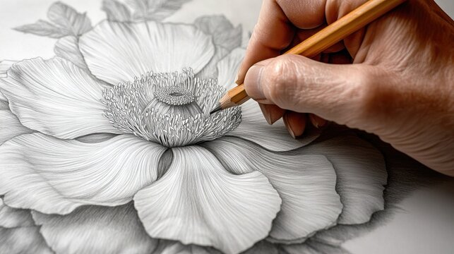 Close-up of an artists hand creating detailed pencil drawing of flower, symbolizing artistic skill, precision, creativity in the field of traditional artdrawing techniques