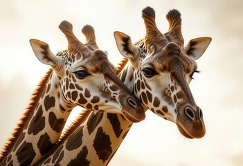 Naklejka premium Two giraffes interacting under the soft glow of sunset