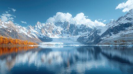 Fototapeta premium Majestic mountain range reflected in a calm lake with autumnal foliage.