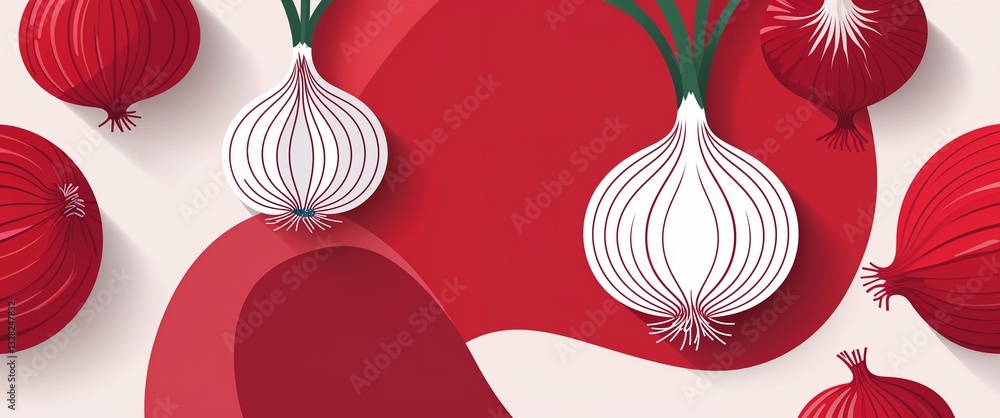 Poster onion pattern on red plain background digital abstract art work illustration design