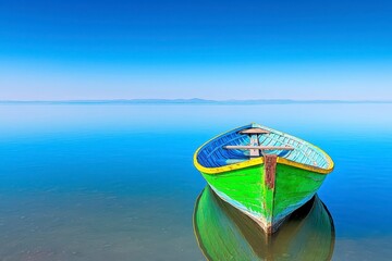 Weathered Multicolored Boat on Calm Blue Lake Under Clear Sky