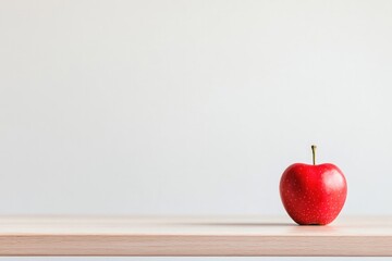 tidy wooden desk with single red placed in center symbolizing education set against minimalistic white background with