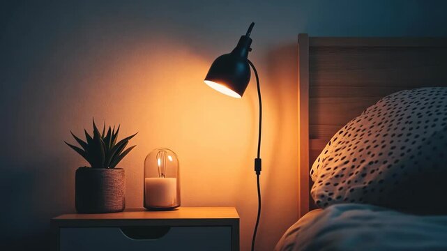 Stylish bedside table with lamp, plant, and candle creating a cozy atmosphere in a dimly lit bedroom
