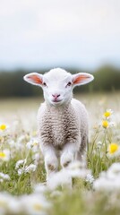 Obraz premium Charming lamb resting in a field of daisies surrounded by green grass and bright summer sunlight