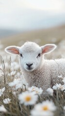 Fototapeta premium Playful lamb frolicking in a field of daisies surrounded by green grass and bright blue sky