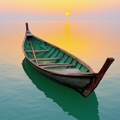 Weathered Wooden Boat at Sunset on Calm Teal Water